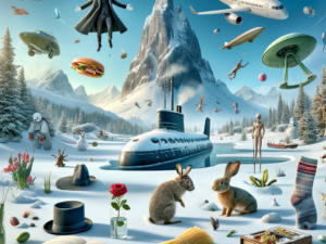 DALL·E 2023-12-22 08.29.41 - A whimsical and surreal winter landscape, with a variety of unusual elements added to the scene. The background features a towering snow-covered mount.png
